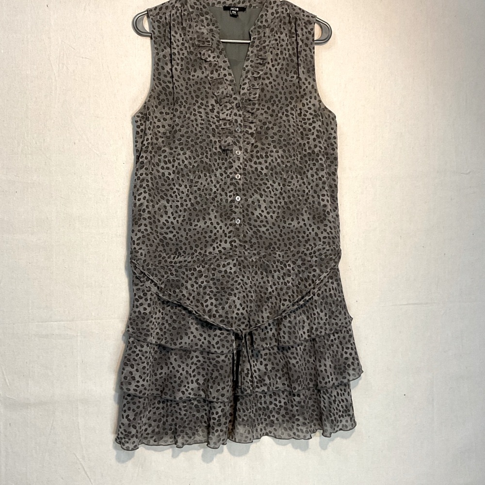 JACOB Sleeveless Gray and Black Tiered Dress, Playful ruffles, v-neck, medium